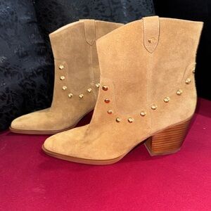 Coach Pauline Tan Suede Ankle Boots with Gold Accents